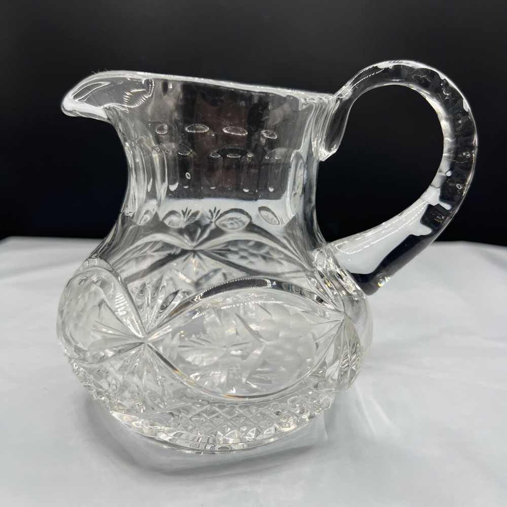 Vintage Clear Glass Creamer Pitcher Intaglio Frosted Grape Small Serving Jug 4.5